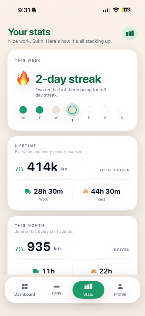 Stats screen with streak and lifetime distance