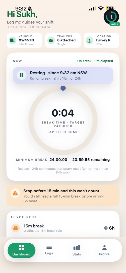 Break timer showing how much drive time each rest length earns